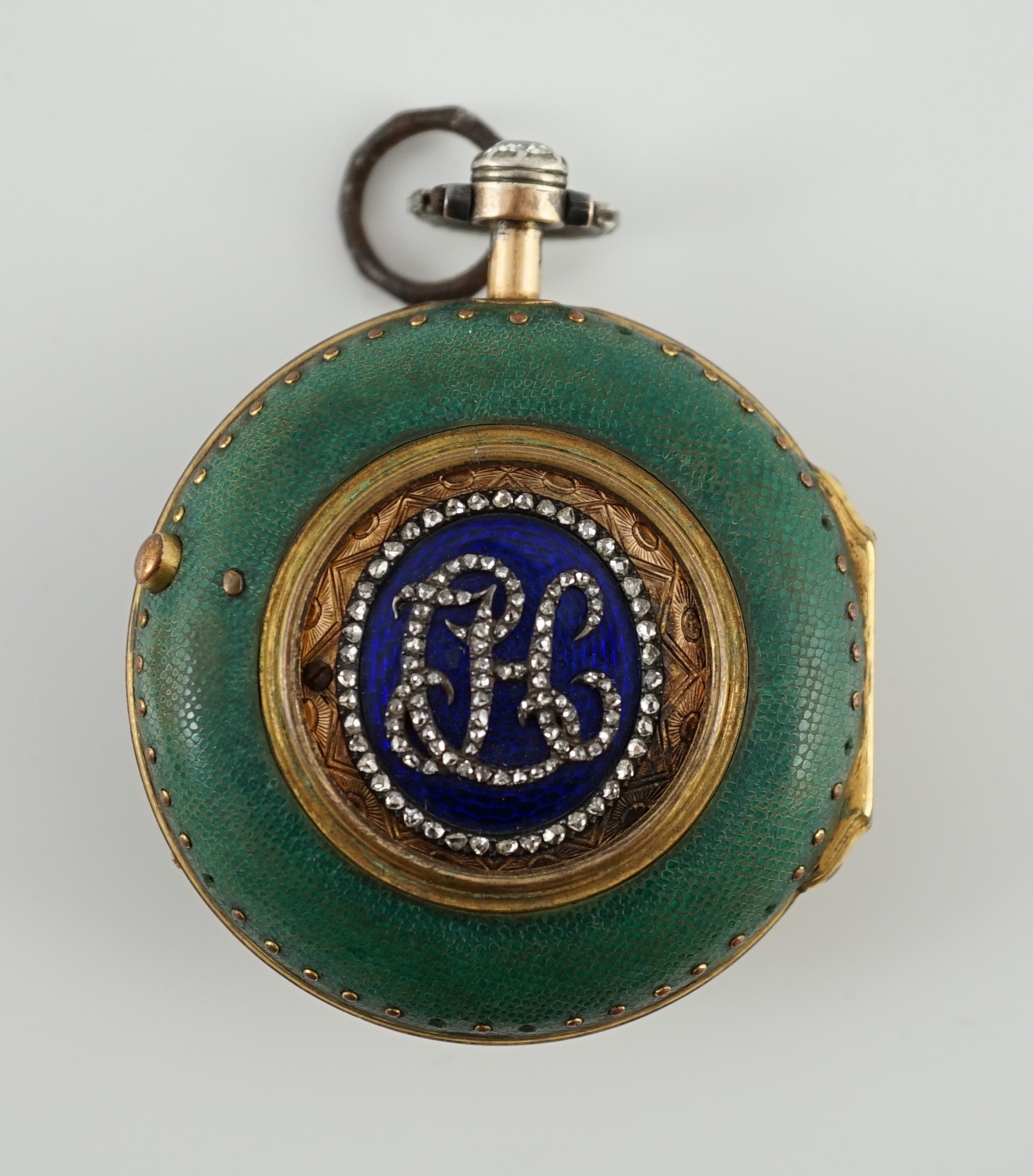 A late 18th century Louis XVI gold, shagreen, enamel and rose cut diamond set pair cased key wind pocket watch by Jean André Couppey, Paris
